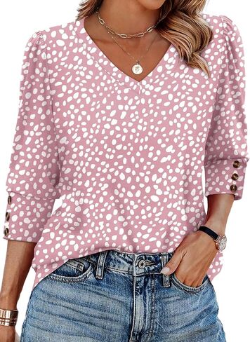 XIEERDUO Womens 3/4 Sleeve Tops with Buttons V-Neck Summer Outfits Casual Blouses Shirts Beach Vacation Fall Clothes 2025 in Saudi Arabia