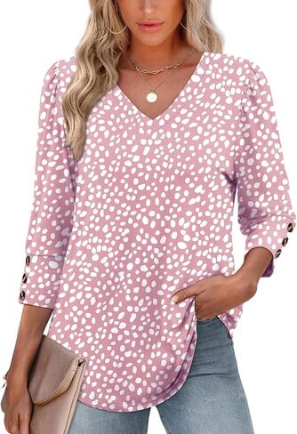 XIEERDUO Womens 3/4 Sleeve Tops with Buttons V-Neck Summer Outfits Casual Blouses Shirts Beach Vacation Fall Clothes 2025 in Saudi Arabia