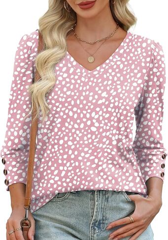 XIEERDUO Womens 3/4 Sleeve Tops with Buttons V-Neck Summer Outfits Casual Blouses Shirts Beach Vacation Fall Clothes 2025 in Saudi Arabia