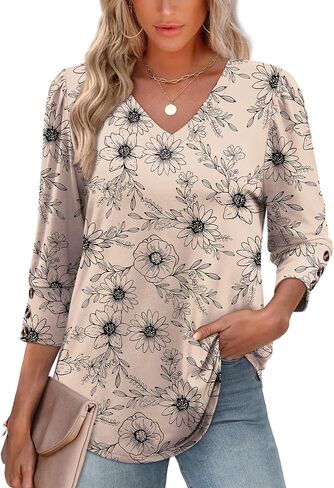 XIEERDUO Womens 3/4 Sleeve Tops with Buttons V-Neck Summer Outfits Casual Blouses Shirts Beach Vacation Fall Clothes 2025 in Saudi Arabia