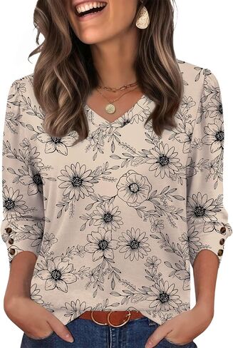 XIEERDUO Womens 3/4 Sleeve Tops with Buttons V-Neck Summer Outfits Casual Blouses Shirts Beach Vacation Fall Clothes 2025 in Saudi Arabia