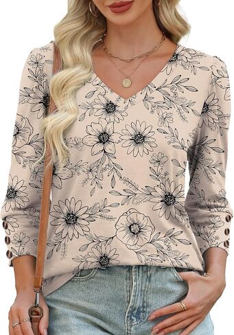 XIEERDUO Womens 3/4 Sleeve Tops with Buttons V-Neck Summer Outfits Casual Blouses Shirts Beach Vacation Fall Clothes 2025 in Saudi Arabia