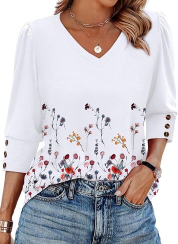 XIEERDUO Womens 3/4 Sleeve Tops with Buttons V-Neck Summer Outfits Casual Blouses Shirts Beach Vacation Fall Clothes 2025 in Saudi Arabia