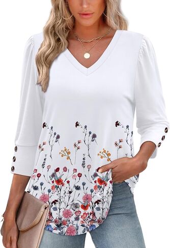 XIEERDUO Womens 3/4 Sleeve Tops with Buttons V-Neck Summer Outfits Casual Blouses Shirts Beach Vacation Fall Clothes 2025 in Saudi Arabia