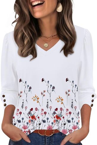 XIEERDUO Womens 3/4 Sleeve Tops with Buttons V-Neck Summer Outfits Casual Blouses Shirts Beach Vacation Fall Clothes 2025 in Saudi Arabia