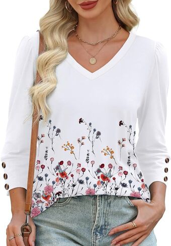 XIEERDUO Womens 3/4 Sleeve Tops with Buttons V-Neck Summer Outfits Casual Blouses Shirts Beach Vacation Fall Clothes 2025 in Saudi Arabia