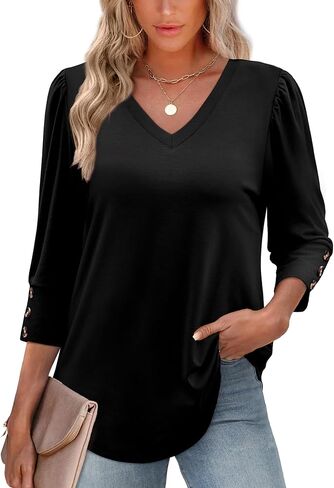 Xieerduo Womens 3/4 قمم الأكمام مع أزرار V-Neck Summer Outfits Disual Blouses قمصان الشاطئ in Kuwait