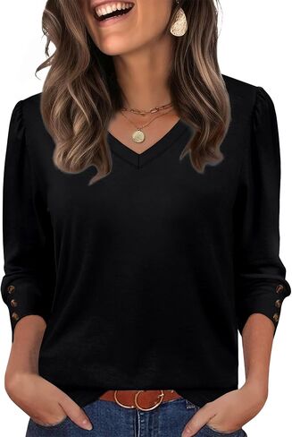 Xieerduo Womens 3/4 قمم الأكمام مع أزرار V-Neck Summer Outfits Disual Blouses قمصان الشاطئ in Kuwait