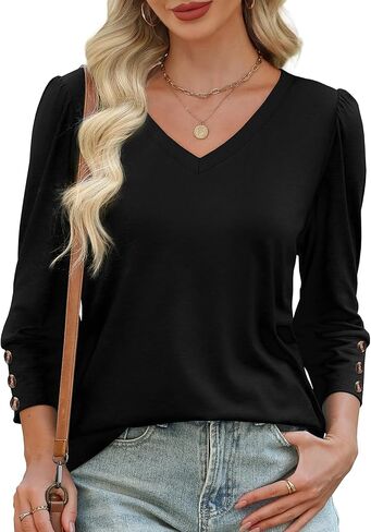 Xieerduo Womens 3/4 قمم الأكمام مع أزرار V-Neck Summer Outfits Disual Blouses قمصان الشاطئ in Kuwait