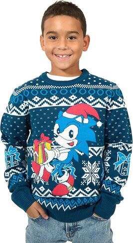 Sonic the Hedgehog Holiday Presents & Snowflakes Crew Neck Stripy Sweve Boy's Navy Sweater in Saudi Arabia