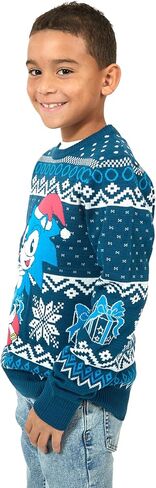 Sonic the Hedgehog Holiday Presents & Snowflakes Crew Neck Stripy Sweve Boy's Navy Sweater in Saudi Arabia
