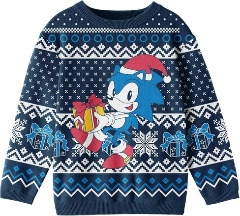 Sonic the Hedgehog Holiday Presents & Snowflakes Crew Neck Stripy Sweve Boy's Navy Sweater in Saudi Arabia