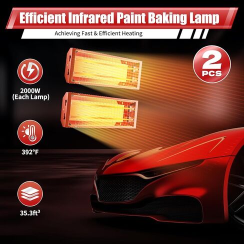 2PCS Baking Infrared Paint Curing Lamp, 2000W Automotive Repair Paint Infrared Heater Lamp 110V Paint Booth Lights for Paint Baking Car Body Repair in Kuwait