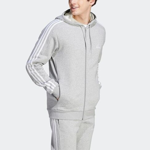 هودي أديداس Essentials Fleece 3-Stripes بسحاب كامل للرجال، رمادي متوسط ​​منقط in Saudi Arabia