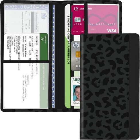 Car Registration and Insurance Holder, with Magnetic Closure for License, Cards and Documents, All Vehicle Needs and Car Accessories (Leopard-Black) in Saudi Arabia