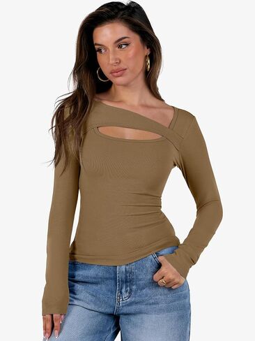 ANRABESS Womens Cutout Tops Trendy Sexy Long Sleeve Shirts Ribbed Slim Fit Tee 2024 Fall Fashion Going Out Tshirts Clothes in Saudi Arabia