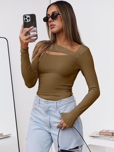 ANRABESS Womens Cutout Tops Trendy Sexy Long Sleeve Shirts Ribbed Slim Fit Tee 2024 Fall Fashion Going Out Tshirts Clothes in Saudi Arabia