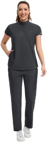 Kitmaz Medical Scrub Set For Women - Modern Mandarin Collar Oversized Scrub Top & Skinny Straight Scrub Pants, 13 Pockets in Saudi Arabia