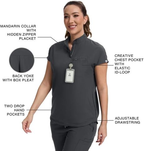 Kitmaz Medical Scrub Set For Women - Modern Mandarin Collar Oversized Scrub Top & Skinny Straight Scrub Pants, 13 Pockets in Saudi Arabia