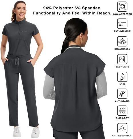 Kitmaz Medical Scrub Set For Women - Modern Mandarin Collar Oversized Scrub Top & Skinny Straight Scrub Pants, 13 Pockets in Saudi Arabia