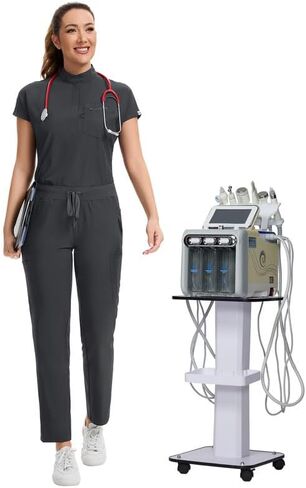 Kitmaz Medical Scrub Set For Women - Modern Mandarin Collar Oversized Scrub Top & Skinny Straight Scrub Pants, 13 Pockets in Saudi Arabia