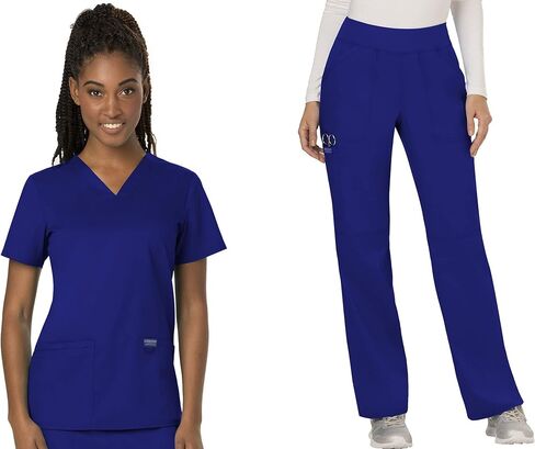 Cherokee Scrubs for Women V-Neck Top WW620 Mid Rise Straight Leg Pull-on Pants WW110, Galaxy Blue- M Top/M Petite Pant in Saudi Arabia
