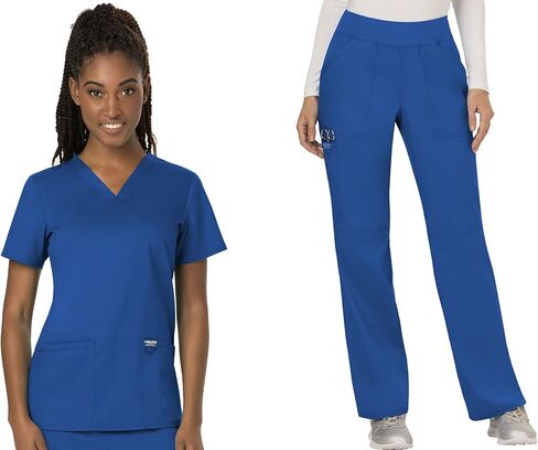 Cherokee Scrubs for Women V-Neck Top WW620 Mid Rise Straight Leg Pull-on Pants WW110, Galaxy Blue- M Top/M Petite Pant in Saudi Arabia