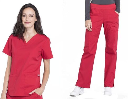 شيروكي نساء فرك مجموعة الحديثة ملائمة 3 جيب V-neck أعلى ww665 مع 6 جيب منتصف الجيب الساق الساق مستقيم ww170 in Saudi Arabia