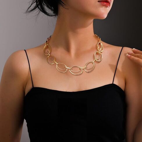 Chunky Gold Necklace for Women: 14k Gold Plated Loop Chain Link Statement Choker Necklace for Women - Chunky Fashion Pendant Jewelry in Kuwait