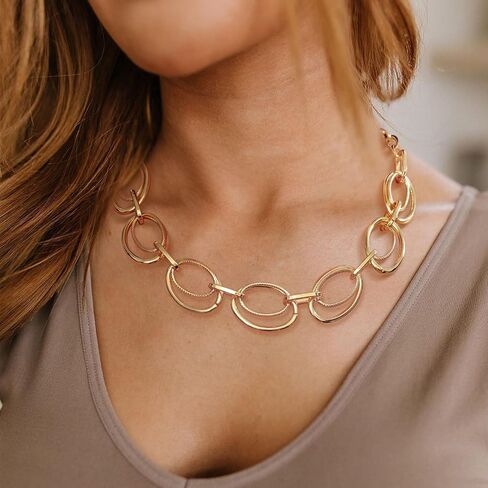 Chunky Gold Necklace for Women: 14k Gold Plated Loop Chain Link Statement Choker Necklace for Women - Chunky Fashion Pendant Jewelry in Kuwait