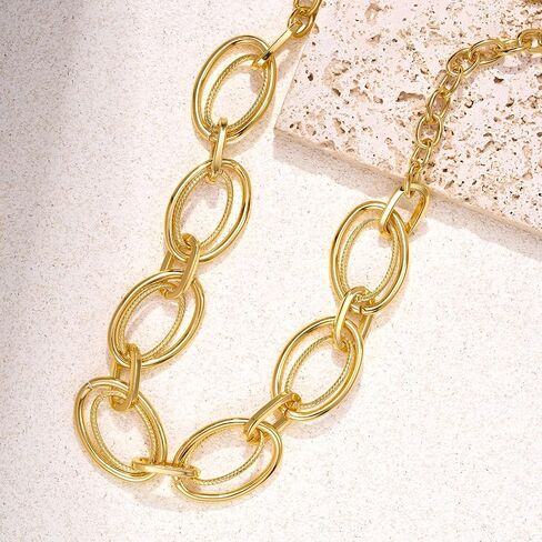 Chunky Gold Necklace for Women: 14k Gold Plated Loop Chain Link Statement Choker Necklace for Women - Chunky Fashion Pendant Jewelry in Kuwait