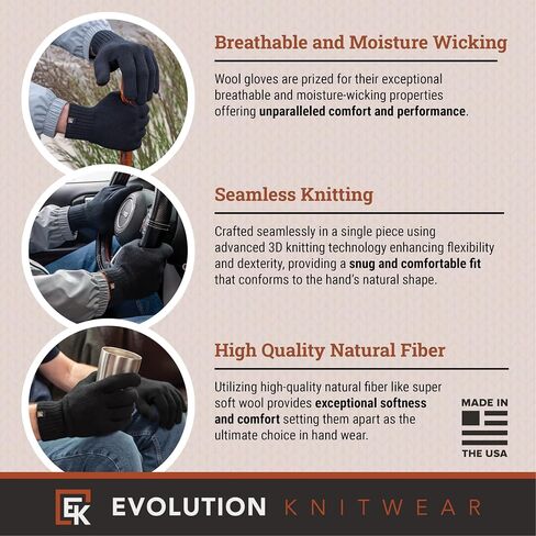 Evolution Knitwear Wool Knit Gloves - Made in the USA - Super Soft Merino Wool - X-Large in Saudi Arabia