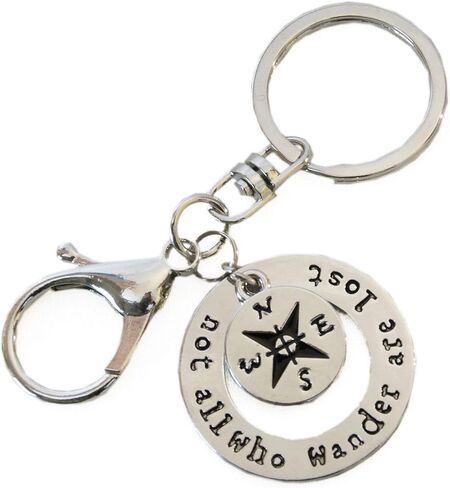 Travel Keychain - Not All Who Wander Are Lost - Two Tone - Compass - Camping Key Chain - Swivel Keyring and Clip - Handmade by Green Acorn Kitchen in Saudi Arabia