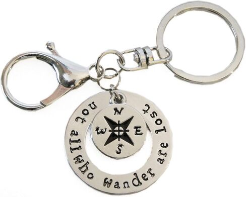 Travel Keychain - Not All Who Wander Are Lost - Two Tone - Compass - Camping Key Chain - Swivel Keyring and Clip - Handmade by Green Acorn Kitchen in Saudi Arabia