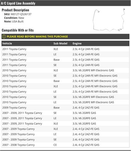 مجموعة خط A/C - متوافقة مع 2007-2011 Toyota Camry (بنيت الولايات المتحدة الأمريكية) in Kuwait