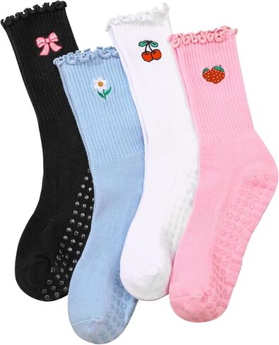 Jspupifip 4 Pairs Women Non-Slip Yoga Socks Cute Ruffle Grippy Socks for Pilates Barre Ballet Fitness Workout in Saudi Arabia