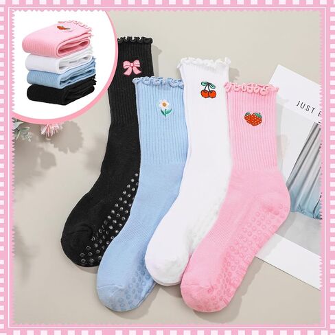 Jspupifip 4 Pairs Women Non-Slip Yoga Socks Cute Ruffle Grippy Socks for Pilates Barre Ballet Fitness Workout in Saudi Arabia
