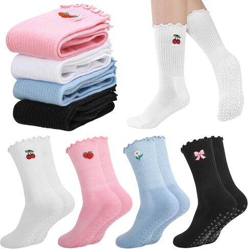 Jspupifip 4 Pairs Women Non-Slip Yoga Socks Cute Ruffle Grippy Socks for Pilates Barre Ballet Fitness Workout in Saudi Arabia