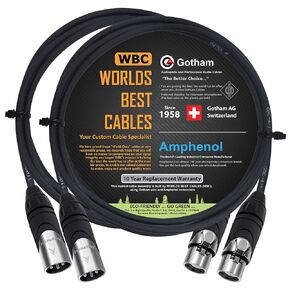 WORLDS BEST CABLES 2 Units - 6 Foot - Gotham GAC-4/1 (Black) - Star Quad, Dual Shielded Balanced Male to Female Microphone Cables with Amphenol AX3M & AX3F Silver XLR Connectors - Custom Made in Saudi Arabia