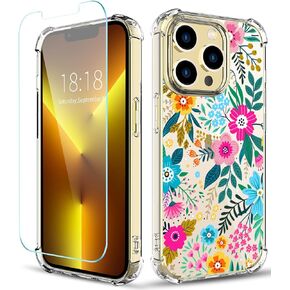 Flower Pattern Designed for iPhone 13 Pro Max Case[with Screen Protector], Floral Clear Women Phone Case Shockproof Protective Soft TPU Bumper Cover 6.7 Inch 2021 (Butterfly/Blue)