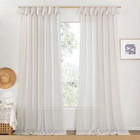 NICETOWN Beige Semi Sheer Linen Curtains 84 inch Long 2 Panels, Adjustable Tie Top DIY Crafted Flax Linen Sheer Drapes Privacy with Light Filtering for Bedroom/Living Room, W52 x L84