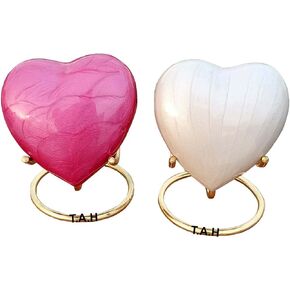 Pretty Set of 2 Pink and White Heart Keepsake Mini Heart Cremation Urn with Brass Stand - for Your Loved One & Human Ashes & Perfect Heart Urn for Adults & Infants