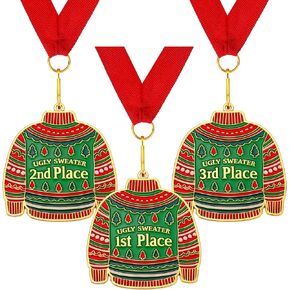 Christmas Ugly Sweater Medal Award, 1st 2nd 3rd Place Medal Award for Ugliest Sweater Contest Ugly Sweater Contest Prizes Necklace Jewelry for Parties Holidays Christmas Tree Ornament