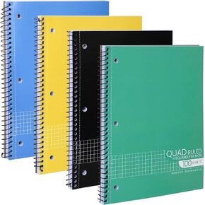 Graph Paper Spiral Notebook - Graph Paper Notebook Spiral, Quad Ruled Grid Notebooks, Perforated Pages - 10.5 X 8 Inches - 1 Subject Wirebound Notebook - Assorted Colors - 100 Sheets per Book - (4