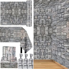 Jecery 3.28 x 164 ft Brick Stone Wall Backdrop, Medieval Castle Wallpaper for Halloween, Knight Themed Party Supplies, Tablecloth, Door Cobblestone Decor Medieval Decorations