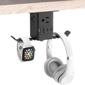 JUNNUJ Under Desk Headset Stand with Charger, 20W USB C Power Strip 3 Outlet with Headphone Hook, Table Mount Surge Protector with PC Game Hanger Holder, Built in Cable Clip Organizer, 6 FT Cord