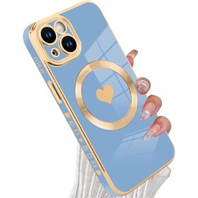 tharlet Magnetic for iPhone 14 Case [Compatible with Magsafe] Cute Love Luxury Plating Edge Bumper Case with Full Camera Lens Case for iPhone 14 Phone Case, Purple (6.1")