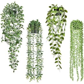 DearHouse 4 عبوات من النباتات الاصطناعية المعلقة، نبات معلق وهمي، كرمة الأوكالبتوس الخضراء بوعاء صناعي، كرمة ماندالا، سلسلة من اللؤلؤ، أوراق البازلاء في وعاء لغرفة المنزل وديكور الرف الداخلي والخارجي in Kuwait