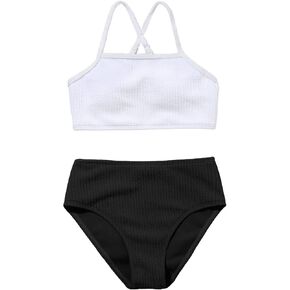 SHENHE Girl's 2 Piece High Waisted Bikini Sets Criss Cross Spaghetti Strap Swimsuit Bathing Suit Black and White 160 in Saudi Arabia