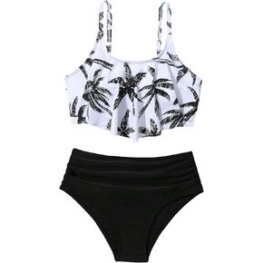 Floerns Girl's 2 Piece Bathing Suit Tropical Print Ruched Tankini Swimsuit